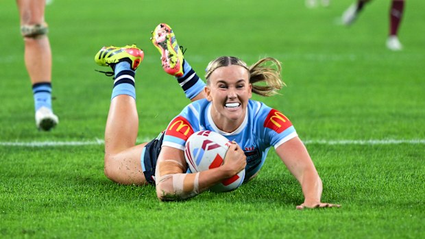 Jaime Chapman ran nearly 80m to score this try for the Sky Blues in the Women's State of Origin series opener.