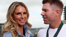 MELBOURNE, AUSTRALIA - FEBRUARY 11: AB Medallist David Warner and his wife Candice Warner pose for a portrait during a Cricket Australia media opportunity at The Olson on February 11, 2020 in Melbourne, Australia. (Photo by Kelly Defina/Getty Images)
