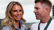 MELBOURNE, AUSTRALIA - FEBRUARY 11: AB Medallist David Warner and his wife Candice Warner pose for a portrait during a Cricket Australia media opportunity at The Olson on February 11, 2020 in Melbourne, Australia. (Photo by Kelly Defina/Getty Images)
