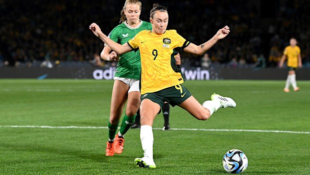 Star Matildas forward Caitlin Foord attempts a shot against Ireland in Australia's World Cup opener at Stadium Australia.