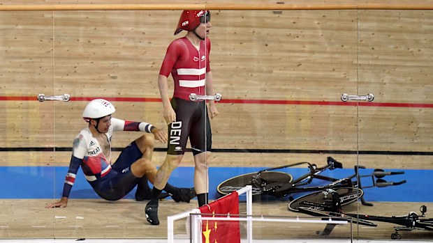 Great Britain's Charlie Tanfield and Denmark's Frederik Madsen after their crash.