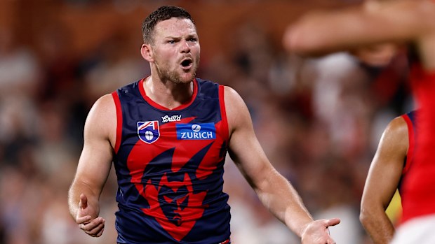 ADELAIDE, AUSTRALIA - APRIL 12: Steven May of the Demons speaks with the umpire during the 2025 AFL Round 05 match between the Melbourne Demons and the Essendon Bombers at Adelaide Oval on April 12, 2025 in Adelaide, Australia. (Photo by Michael Willson/AFL Photos via Getty Images)