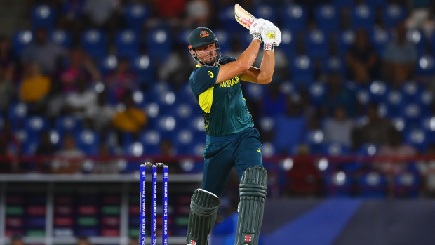 Marcus Stoinis of Australia bats during the ICC Men's T20 Cricket World Cup West Indies & USA 2024 match between Australia and Scotland at Daren Sammy National Cricket Stadium on June 15, 2024 in Gros Islet, Saint Lucia. (Photo by Alex Davidson-ICC/ICC via Getty Images)