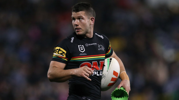 PENRITH, AUSTRALIA - JUNE 24: Jack Cogger of the Panthers looks on during the round 17 NRL match between Penrith Panthers and Newcastle Knights at BlueBet Stadium on June 24, 2023 in Penrith, Australia. (Photo by Jason McCawley/Getty Images)