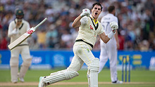 Pat Cummins celebrates after securing the First Ashes Test.