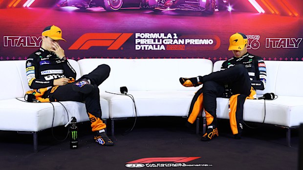Second placed Oscar Piastri of Australia and McLaren and Third placed Lando Norris of Great Britain and McLaren attend the Drivers Press Conference during the F1 Grand Prix of Italy at Autodromo Nazionale Monza on September 01, 2024 in Monza, Italy. (Photo by Clive Rose/Getty Images)