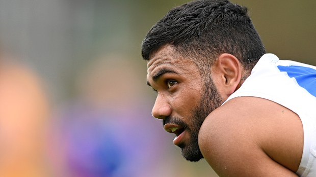 MELBOURNE, AUSTRALIA - MARCH 18: Tarryn Thomas of the Kangaroos looks on during the VFL Practice Match between North Melbourne and Williamstown at Arden Street Ground on March 18, 2023 in Melbourne, Australia. (Photo by Morgan Hancock/Getty Images)
