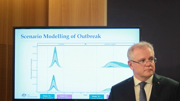 Prime Minister Scott Morrison announces new government measures to take on coronavirus. Picture:  Jacky Ghossein/SMH
