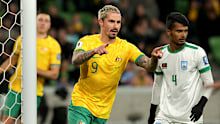 MELBOURNE, AUSTRALIA - NOVEMBER 16: Jamie Maclaren of the Socceroos celebrates scoring a goal during the 2026 FIFA World Cup Qualifier match between Australia Socceroos and Bangladesh at AAMI Park on November 16, 2023 in Melbourne, Australia. (Photo by Kelly Defina/Getty Images)