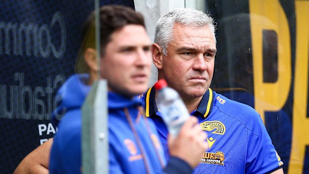 Parramatta Eels coach Jason Ryles and injured halfback Mitch Moses.