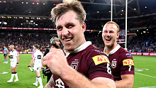 BRISBANE, AUSTRALIA - JUNE 21: Cameron Munster and Daly Cherry-Evans of Queensland celebrate victory after game two of the State of Origin series between the Queensland Maroons and the New South Wales Blues at Suncorp Stadium on June 21, 2023 in Brisbane, Australia. (Photo by Bradley Kanaris/Getty Images)