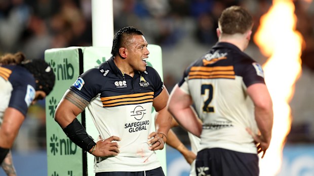 Allan Alaalatoa of the Brumbies reacts at Eden Park.