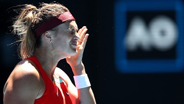 Aryna Sabalenka of Belarus reacts in her second round Australian Open singles match against Xinyu Wang. 