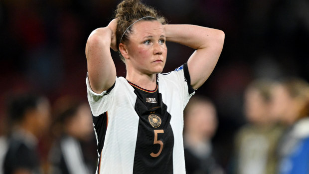 BRISBANE, AUSTRALIA - AUGUST 03: Marina Hegering of Germany looks dejected after the team's elimination from the tournament during the FIFA Women's World Cup Australia & New Zealand 2023 Group H match between South Korea and Germany at Brisbane Stadium on August 03, 2023 in Brisbane, Australia. (Photo by Bradley Kanaris/Getty Images)