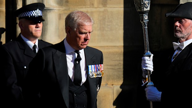 Andrew Mountbatten-Windsor leaves St Giles Cathedral after the arrival of the coffin containing the remains of his mother Queen Elizabeth in Edinburgh, Scotland on September 12, 2022.