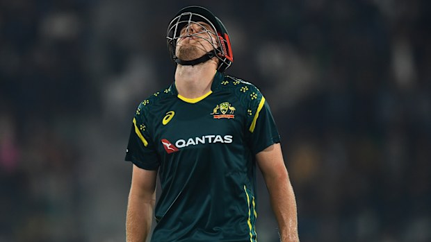 Cameron Green of Australia reacts after getting out during the T20 International match between Pakistan and Australia at Gaddafi Stadium on January 29, 2026 in Lahore, Pakistan. (Photo by Sameer Ali/Getty Images)