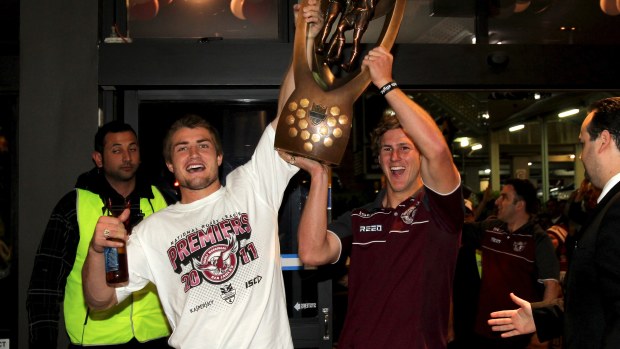 Kieran Foran and fresh-faced Daly Cherry-Evans celebrate at the Manly Leagues Club after defeating the New Zealand Warriors in the 2011 NRL grand final.