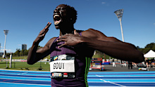 SYDNEY, AUSTRALIA - APRIL 12: Gout Gout of Queensland celebrates after breaking the World Junior Record and Australian Record and a PB to win the Men's 200m final in 19.67 seconds during the 2026 Australian Athletics Championships at Sydney Olympic Park Athletic Centre on April 12, 2026 in Sydney, Australia. (Photo by Cameron Spencer/Getty Images)