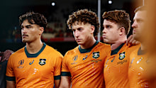 From left: Jordan Petaia, Mark Nawaqanitawase and Andrew Kellaway of Australia pictured after the Wallabies' 40-6 defeat to Wales.