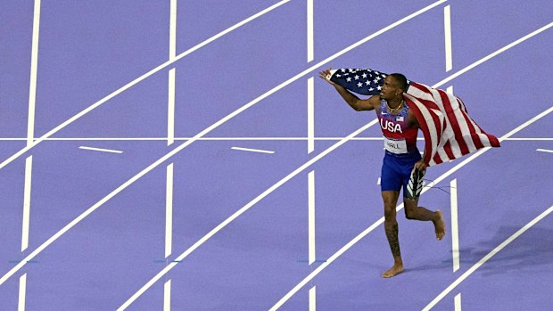 Quincy Hall, of the United States, celebrates after winning the men's 400-meter final.