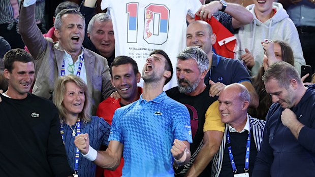 Novak Djokovic of Serbia celebrates winning championship point with Dijana Djokovic, Goran Ivanisevic and his player box at the 2023 Australian Open. (Photo by Lintao Zhang/Getty Images)