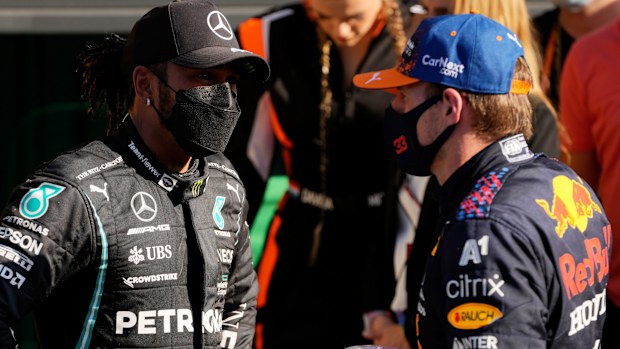 Lewis Hamilton and Max Verstappen come together.