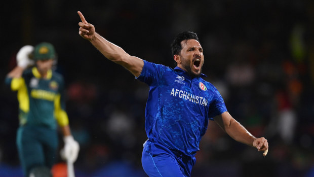Gulbadin Naib of Afghanistan celebrates after bowling Pat Cummins of Australia (not pictured) during the ICC Men's T20 Cricket World Cup West Indies & USA 2024 Super Eight match between Afghanistan and Australia at Arnos Vale Ground on June 22, 2024 in St Vincent, Saint Vincent and The Grenadines. (Photo by Gareth Copley/Getty Images)