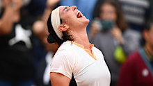 Ons Jabeur of Tunisia celebrates her victory against Camila Osorio.