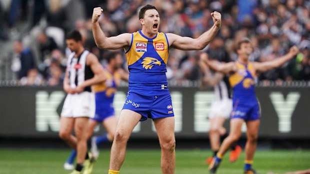 Jeremy McGovern erupts with joy as the West Coast Eagles win the 2018 AFL grand final.