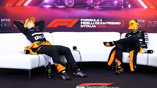 Second placed Oscar Piastri of Australia and McLaren and Third placed Lando Norris of Great Britain and McLaren attend the Drivers Press Conference during the F1 Grand Prix of Italy at Autodromo Nazionale Monza on September 01, 2024 in Monza, Italy. (Photo by Clive Rose/Getty Images)