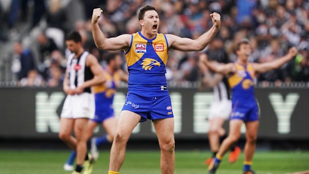 Jeremy McGovern erupts with joy as the West Coast Eagles win the 2018 AFL grand final.