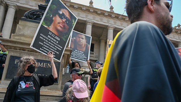 MELBOURNE, AUSTRALIA - JANUARY 26: Protesters participate in the Treaty Before Voice Invasion Day Protest outside Parliament House on January 26, 2023 in Melbourne, Australia. 