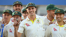 LONDON, ENGLAND - JULY 31: Pat Cummins of Australia lifts the Ashes Urn after retaining the Ashes after Day Five of the LV= Insurance Ashes 5th Test Match. between England and Australia  at The Kia Oval on July 31, 2023 in London, England. (Photo by Alex Davidson/Getty Images)