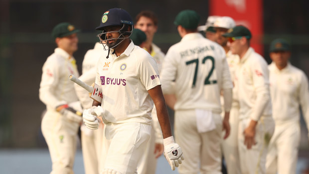 Ravichandran Ashwin of India walks off after he was dismissed by Pat Cummins of Australia during day two of the Second Test match in the series between India and Australia at Arun Jaitley Stadium on February 18, 2023 in Delhi, India. (Photo by Robert Cianflone/Getty Images)