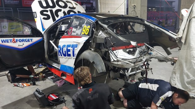 The rear of Macauley Jones' Commodore suffered massive damage in the collision with Shane van Gisbergen.