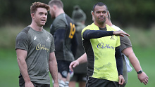 Andrew Kellaway and Kurtley Beale of Australia during a Wallabies training session.