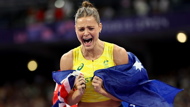 Gold medalist Nina Kennedy of Team Australia reacts after winning in the Women's Pole Vault Final on day twelve of the Olympic Games Paris 2024 at Stade de France on August 07, 2024 in Paris, France. (Photo by Cameron Spencer/Getty Images)