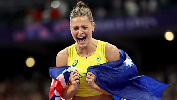 Gold medalist Nina Kennedy of Team Australia reacts after winning in the Women's Pole Vault Final on day twelve of the Olympic Games Paris 2024 at Stade de France on August 07, 2024 in Paris, France. (Photo by Cameron Spencer/Getty Images)