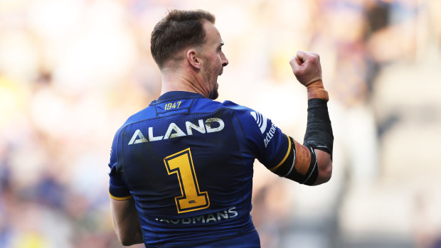 Clint Gutherson of the Eels celebrates scoring a try during the round 26 NRL match between Parramatta Eels and St George Illawarra Dragons at CommBank Stadium, on August 31, 2024, in Sydney, Australia. (Photo by Matt King/Getty Images)