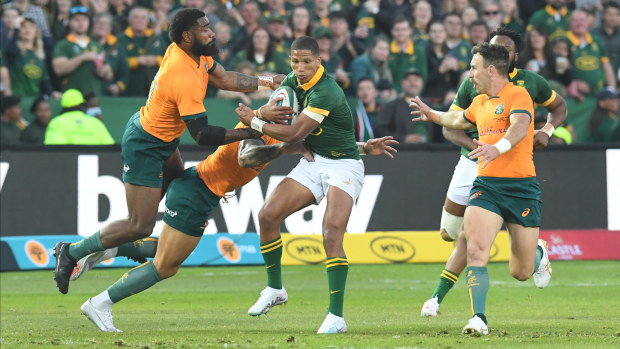 Manie Libbok of South Africa with the ball during the Rugby Championship match between South Africa and Australia at Loftus Versfeld Stadium.