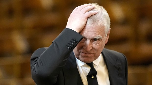 Prince Andrew arrives for the funeral of the Duchess of Kent at Westminster Cathedral in London, Tuesday, Sept. 16, 2025.