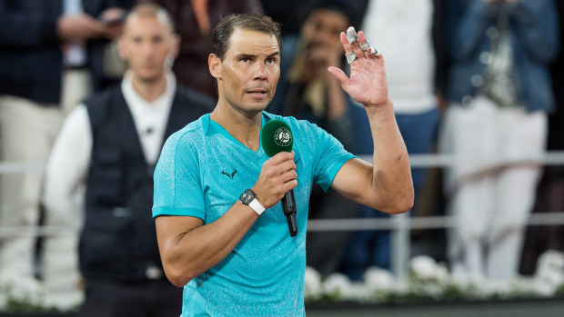 Rafael Nadal addressing the crowd after his loss at the French Open.