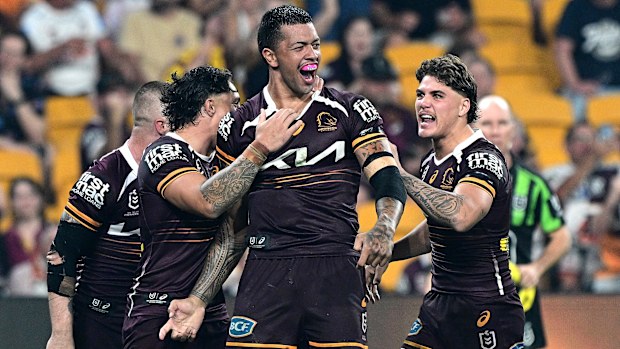 Xavier Willison of the Broncos celebrates after scoring a try during the round five NRL match between Brisbane Broncos and Wests Tigers at Suncorp Stadium, on April 05, 2025, in Brisbane, Australia. (Photo by Bradley Kanaris/Getty Images)