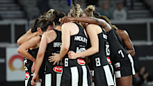 Magpies celebrate the win during the round four Super Netball match between Collingwood Magpies and Queensland Firebirds at John Cain Arena, on April 09, 2023, in Melbourne, Australia. (Photo by Kelly Defina/Getty Images)