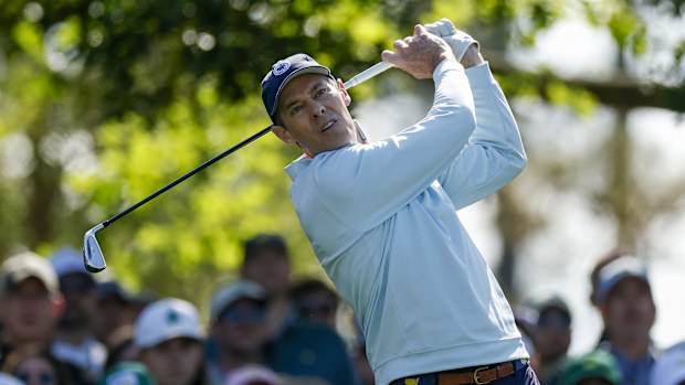 The marker, Michael McDermott, plays his shot from the fourth tee during the third round of the 2025 Masters Tournament at Augusta National Golf Club on April 12, 2025 in Augusta, Georgia. (Photo by Harry How/Getty Images)