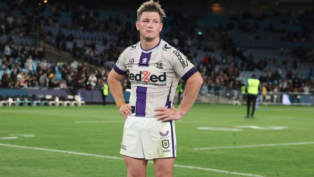 Harry Grant of the Storm reacts after losing the preliminary final against the Penrith Panthers. 