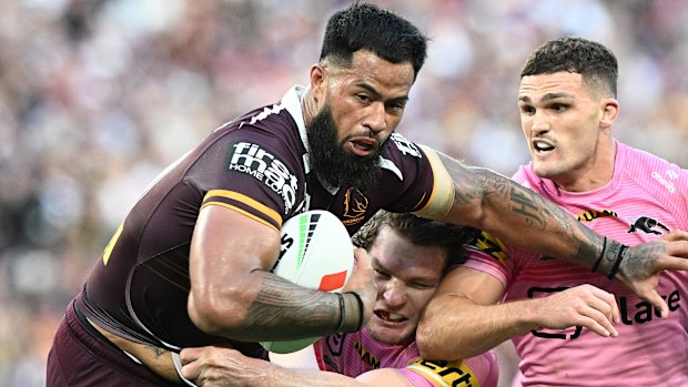 BRISBANE, AUSTRALIA - SEPTEMBER 28: Payne Haas of the Broncos takes on the defence during the NRL Preliminary Final match between Brisbane Broncos and Penrith Panthers at Suncorp Stadium, on September 28, 2025, in Brisbane, Australia. (Photo by Bradley Kanaris/Getty Images)