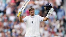 LONDON, ENGLAND - AUGUST 03: Joe Root of England celebrates reaching his century  during Day Four of the 5th Rothesay Test Match between England and India at The Kia Oval on August 03, 2025 in London, England. (Photo by Alex Davidson/Getty Images)