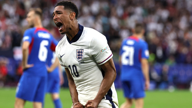 Jude Bellingham of England celebrating his goal to make it 1-1 against Slovakia.