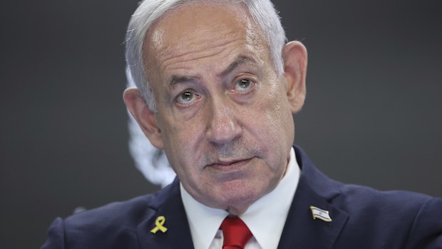Israeli Prime Minister Benjamin Netanyahu speaks during a press conference at the Prime minister's office in Jerusalem, Sunday, Aug. 10, 2025. (Abir Sultan/Pool Photo via AP)